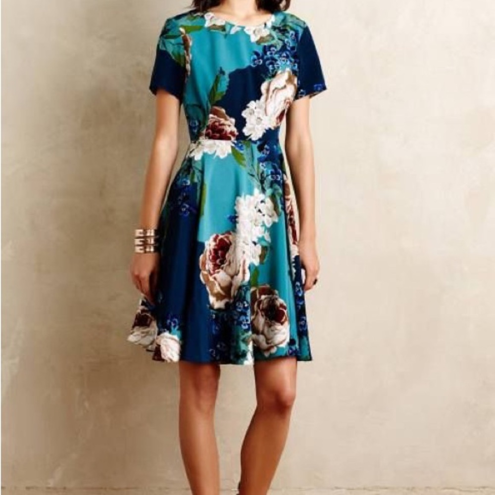 Corey Lynn Calter Blue and Green Floral Midi Dress Anthropologie